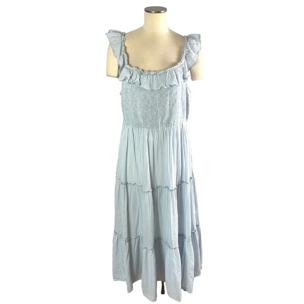 Old Navy Blue White Tiered Smocked Maxi Dress Ruffle Neck Size XL